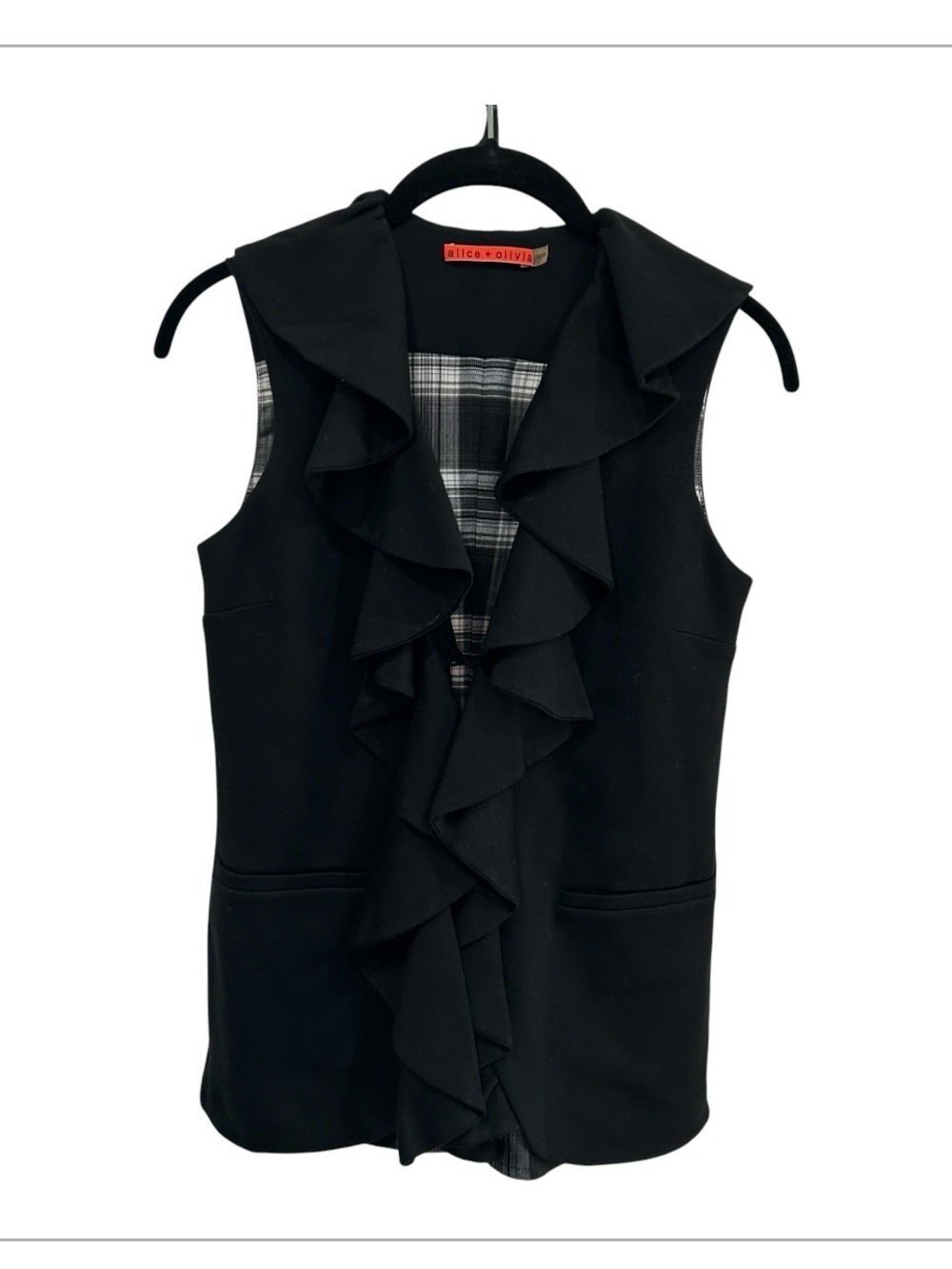 Alice + Olivia Black Ruffle-Front Sleeveless Vest